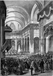 Misa de Todos los Santos celebrada en la iglesia de Saint Nicolas du Chardonnet en París, decorada como San Pedro de Roma para la canonización de los mártires de Japón. 1862. Grabado en “Le Monde Illustré” n°291 del 8 de noviembre de 1862.