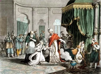 Matilde pidiendo a Saladino el cuerpo de Malek-Adhel, grabado por Pierre Michel Alix (1762-1817) (grabado)