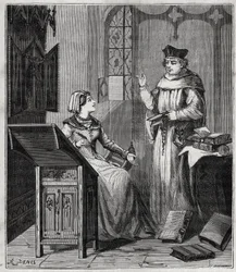 Matthieu Lansbert (Lansberg, Lansbergh, Laensberg o Laensbergh) (siglos XV-XVI) y su sobrina - Grabado en 