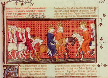 Encuentro entre Carlos V (1338-80) de Francia y el emperador del Sacro Imperio Romano Germánico Carlos IV (1316-78) acompañado por el rey de los romanos, de Grandes Crónicas de Francia