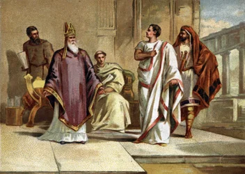 Encuentro entre el Emperador Flavio Julio Valente (328-378) emperador romano y San Basilio de Cesarea o Basilio el Grande (330-379), obispo y padre de la Iglesia. Cromolitografía de finales del siglo XIX