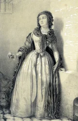 Mademoiselle de Sombreuil encarcelada en la abadía de Saint Germain bebiendo el vaso de sangre para salvar a su padre de las manos de los revolucionarios - en “Galerie historique de la Révolution Française” de Albert Maurin, ed. París 1843