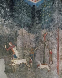 Hombres cazando con perros, (detalle) de La Chambre du Cerf (Sala del Ciervo) 1343