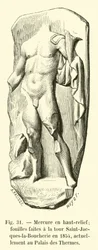 Mercurio en alto relieve; excavaciones realizadas en la torre Saint-Jacques-la-Boucherie en 1854, actualmente en el Palacio de los Baños