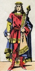 Dinastía merovingia: Retrato de Thierry IV (713-737) Rey de los Francos de 721 a 737. Imagen de Épinal de finales del siglo XIX. Colección privada.
