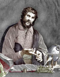 Michel de Nostredame, alias Nostradamus (1503-1566) astrólogo y médico francés, grabado, documento coloreado