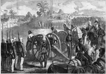 Ejecución militar de revueltas indias por el ejército inglés. Los convictos están atados a las bocas de los cañones antes de ser ejecutados. India