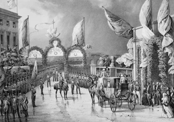 Honores militares al Rey en Gosport - Luis Felipe I (1773-1850), Rey de los Franceses, Príncipe Alberto (1819-1861) y Victoria (1819-1901), Reina de Inglaterra en la estación de Gosport durante el viaje oficial de Luis Felipe a Gran Bretaña (1844)