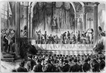 Reclutamiento militar: sorteo de conscriptos de 1858, en la sala Saint Jean del Ayuntamiento de París. Grabado en “Le Monde Illustré” n°44 del 13 de febrero de 1858.