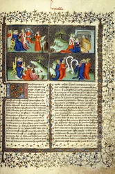 Miniatura que ilustra el Juicio de las Madres, la Llegada de la Reina de Saba, Salomón Enseñando y la Disputa de los Doctores, c.1410