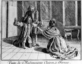 Señorita Clairon (Mademoiselle Clairon Josephe Leris de La Tude, conocida como Mademoiselle Clairon) (1723-1803) actriz francesa, visitó Ferney a Voltaire. Grabado del siglo XVIII