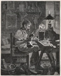 Aplicación moderna por un zapatero de la Pila Vitrea. Globo de vidrio lleno de agua para ser colocado entre una persona y el objeto que contemplan para agrandarlo y hacerlo más visible. Grabado de 1885 en "Les arts et metiers illustres" por A