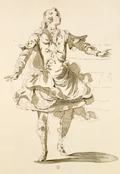 Monsieur Jeliotte como Pigmalión, en Pigmalión, un libreto de Lamotte, compuesto por Jean-Philippe Rameau (1683-1764) 1748 (grabado en color)