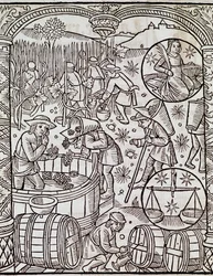 Mes de la cosecha, con signos del zodiaco Virgo y Libra, grabado de Le grand calendrier des bergers, Francia