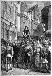 Montrose fue llevado a la cárcel en un carro - James Graham (1612-1650), Marqués de Montrose general escocés exhibido en la High Street de Edimburgo, en 1650 - grabado de “L