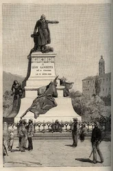 Monumento a Léon Gambetta (1838-1882) por Alexandre Falguière (1831-1900) - Cahors - grabado en “PATRIE” - DESCRIPCIÓN PICTÓRICA DE FRANCIA EN 6 VOLÚMENES POR LUCIEN HUARD - finales del siglo XIX