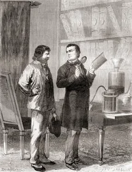 Moritz von Jacobi, a la derecha, descubriendo la galvanoplastia o electrotipia en 1838, de Les Merveilles de la Science, publicado c.1870