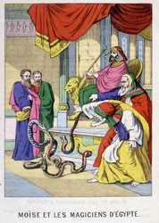 Moisés y los magos de Egipto - en “Vida de Moisés”, ed. Olivier Pinot, Epinal, finales del siglo XIX