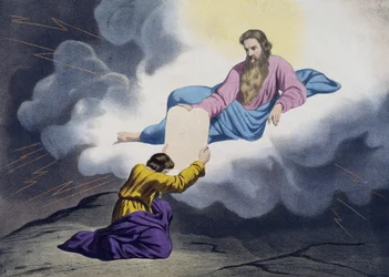 Moisés recibiendo las Tablas de la Ley, ilustración de un catecismo L