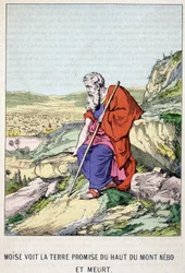 Moisés ve la tierra prometida desde la cima del Monte Nebo y muere - en “Vida de Moisés”, ed. Olivier Pinot, Epinal, finales del siglo XIX