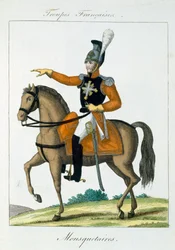 Mosquetero Montado, de Troupes Francaises, pub. chez Basset, París, c.1790
