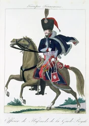 Oficial Montado de los Húsares de la Guardia Real, de Troupes Francaises, pub. chez Basset, París, c.1790