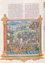 Ms.18 f.109v Eduardo IV de Inglaterra desembarcando en Calais, de las Memorias de Philippe de Commines