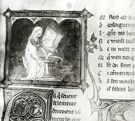 Ms.3142 fol.256 María de Francia (fl. siglo XII) escribiendo, de una Antología de Poemas Franceses, c.1280-90 (detalle)