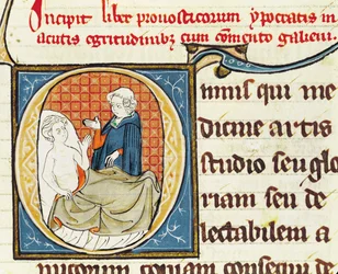 Ms 1003 fol.79 Un doctor diagnosticando a un paciente, de Oeuvres de Galien por Claudio Galeno (c.130-c.201)