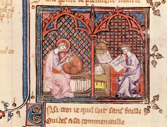Ms 1044 Fol.16v La Palabra, Creador del Mundo y El Autor Escribiendo Su Libro, de Ovide Moralise escrito por Chretien Legouais