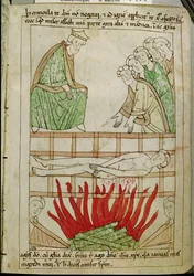 El martirio de San Lorenzo en 258 d.C., de una Biblia