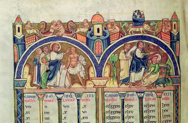 Ms 10 f.128v Canon de los Evangelistas, detalle que representa a Cristo sanando al hombre con hidropesía y expulsando demonios de un hombre poseído, de una Biblia Latina