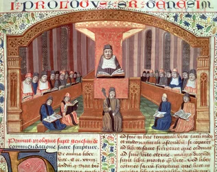 Ms 129 f.32 Una lección de teología en la Sorbona, de Postillas sobre el Pentateuco, ilustración del texto escrito por Nicolas de Lyre
