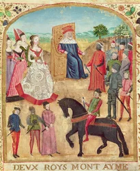 Ms 1335 f.1 Margarita de York es presentada a su futuro esposo, Carlos el Temerario el 27 de junio de 1468 en Damme