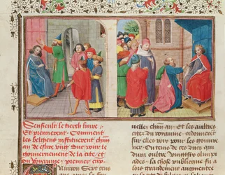 Ms 149 t.1 fol.108v Cómo los belgas eligen un duque, de la Histoire des Nobles Princes de Hainaut, por Jacques de Guise