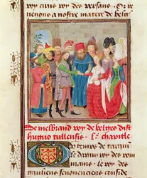 Ms 149 t.1 fol.95 Escena de matrimonio, de la Histoire des Nobles Princes de Hainaut, por Jacques de Guise