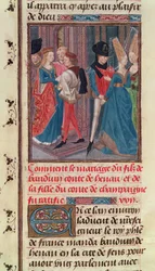 Matrimonio de Balduino VI y María, hija del Conde de Champaña, de la Histoire des Nobles Princes de Hainaut, por Jacques de Guise