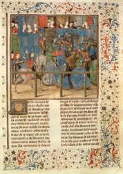 Ms 149 t.3 fol.82 Una escena de torneo, de la Histoire des Nobles Princes de Hainaut, por Jacques de Guise
