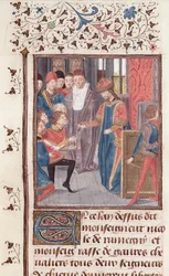 Ms 149 t.3 fol.95v Nombramiento de Dos Caballeros, de la Histoire des Nobles Princes de Hainaut, por Jacques de Guise