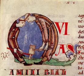 Ms 170 fol.59 Inicial historiada Q que representa a monjes cortando madera, de Moralia in Job por el Papa Gregorio el Grande