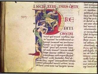 Ms 173 Inicial historiada P que representa centauros, dragones y monstruos, de Moralia in Job por el Papa Gregorio el Grande