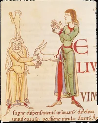 Inicial H en forma de dos magos, de Moralia in Job por el Papa Gregorio el Grande, Escuela de Borgoña
