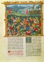 Ms 18 f.73v El Rey Eduardo III Librando la Batalla de Crécy en 1346, de las Memorias de Felipe de Commines (1445-1509)