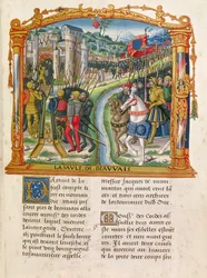 Ms 18 f.92r Asedio de Beauvais por Carlos el Temerario, Duque de Borgoña, 27 de junio de 1472, de las Memorias de Philippe de Commines (1445-1509)