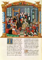 Ms 18 fol.84v Carlos el Temerario, Duque de Borgoña, recibiendo a los enviados de Francia y Guyenne, de las Memorias de Philippe de Commines (1445-1509)