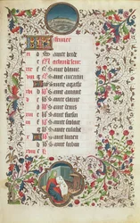 Ms 19 Febrero: Piscis y un hombre festejando, de un Libro de Horas, principios del siglo XV