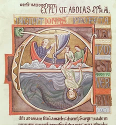 Ms 1 Fol.196v Inicial historiada E que representa a Jonás arrojado al mar, de la Biblia de Souvigny, finales del siglo XII