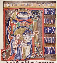 Ms 1 fol.292 Letra historiada que representa a Judith con la cabeza de Holofernes, de la Biblia de Souvigny