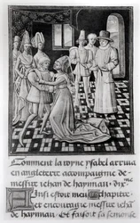 Ms. 1 fol. 6 v Isabel de Francia, Reina de Inglaterra, se despide de Guillermo I, Conde de Hainaut, de la Crónica de Froissart