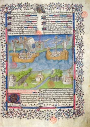 Ms. 2028 fol. 2 Los orígenes troyanos de la nación francesa, de las Grandes Chroniques de France